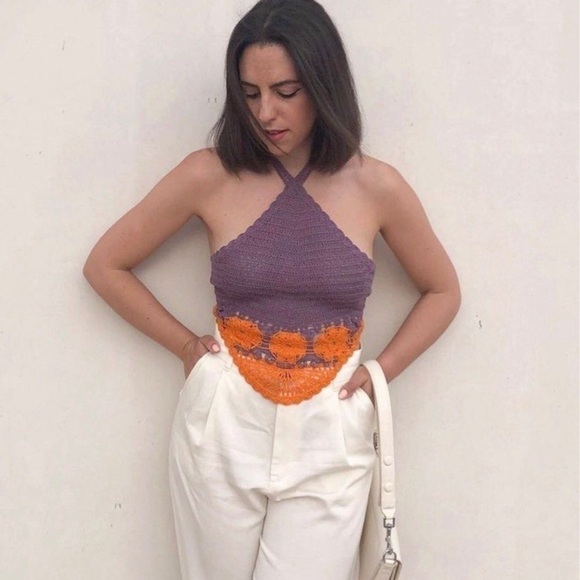 Zara purple orange crochet knit boho halter crop top NWT bohemian - Picture 4 of 13